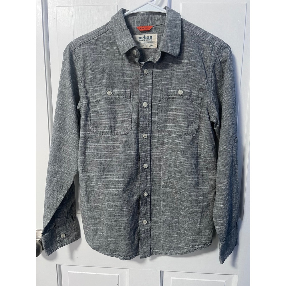 Urban Pipeline Button Down Kids Large Gray Striped Shirt - Picture 2 of 4